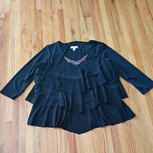 Susan Graver Black Layered Blouse with Colorful Embellishment Size M